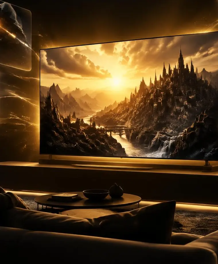TV grande ligada em uma sala de estar à meia-luz