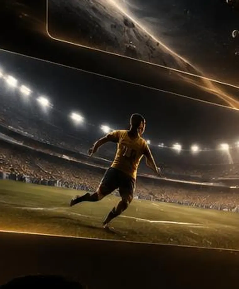 Jogador de futebol chutando a bola em estádio iluminado