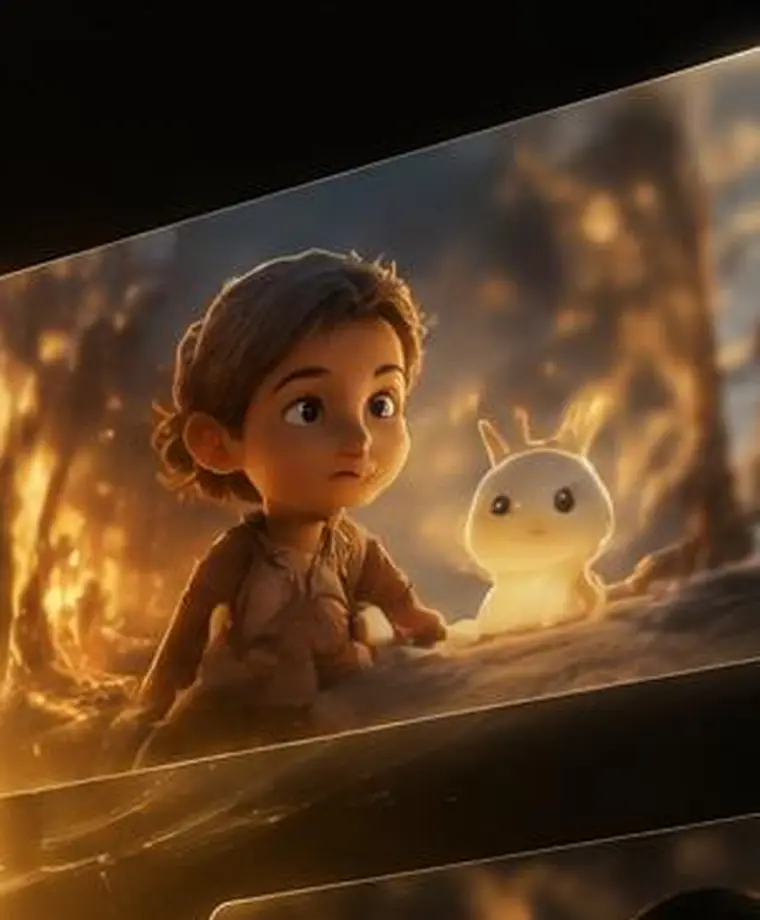 Personagem infantil de animação ao lado de uma criatura fofa